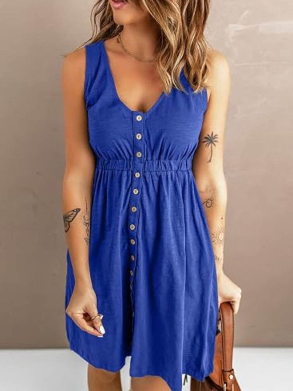 Acelitt Women's Blue Summer Casual Sleeveless Button Down Elastic Waist Dress-Lg